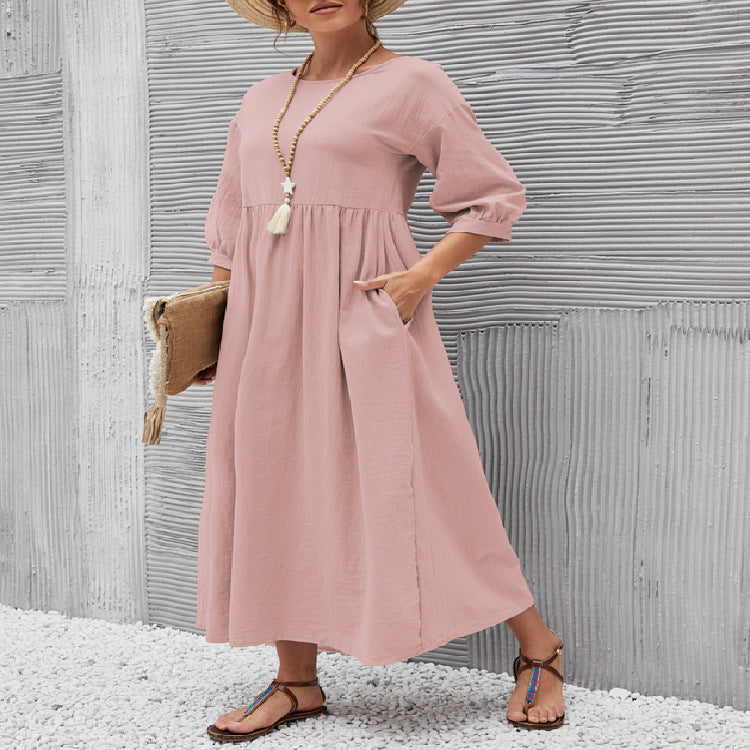 Spring Outfit Lantern Sleeve Loose Cotton and Linen Pocket Dress