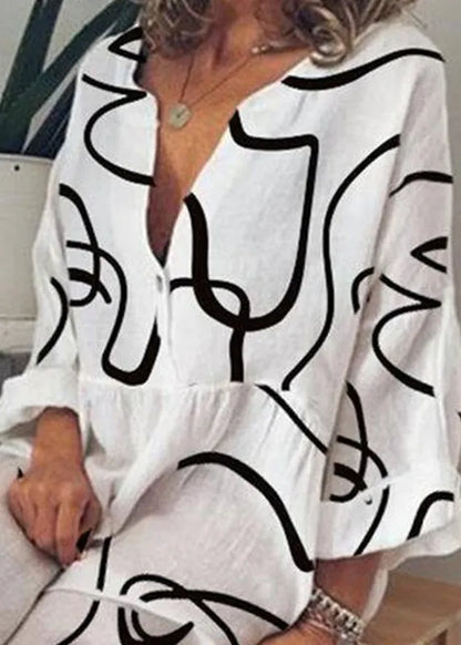 White V Neck Print Patchwork Cotton Long Dress Summer