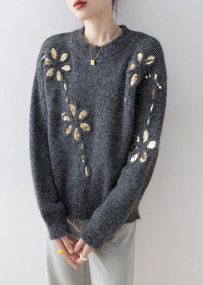 Fitted Grey O Neck Sequins Loose Knit Sweaters Spring