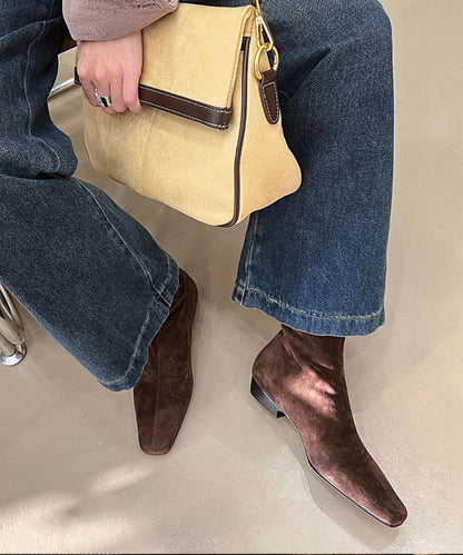 Brown Chunky Suede Comfy Splicing Zippered Boots