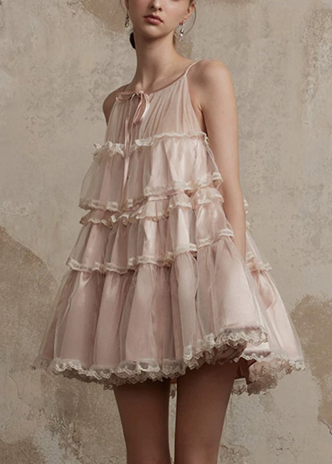 Style Pink O-neck Ruffled Lace Patchwork Tulle Mid Dress Summer