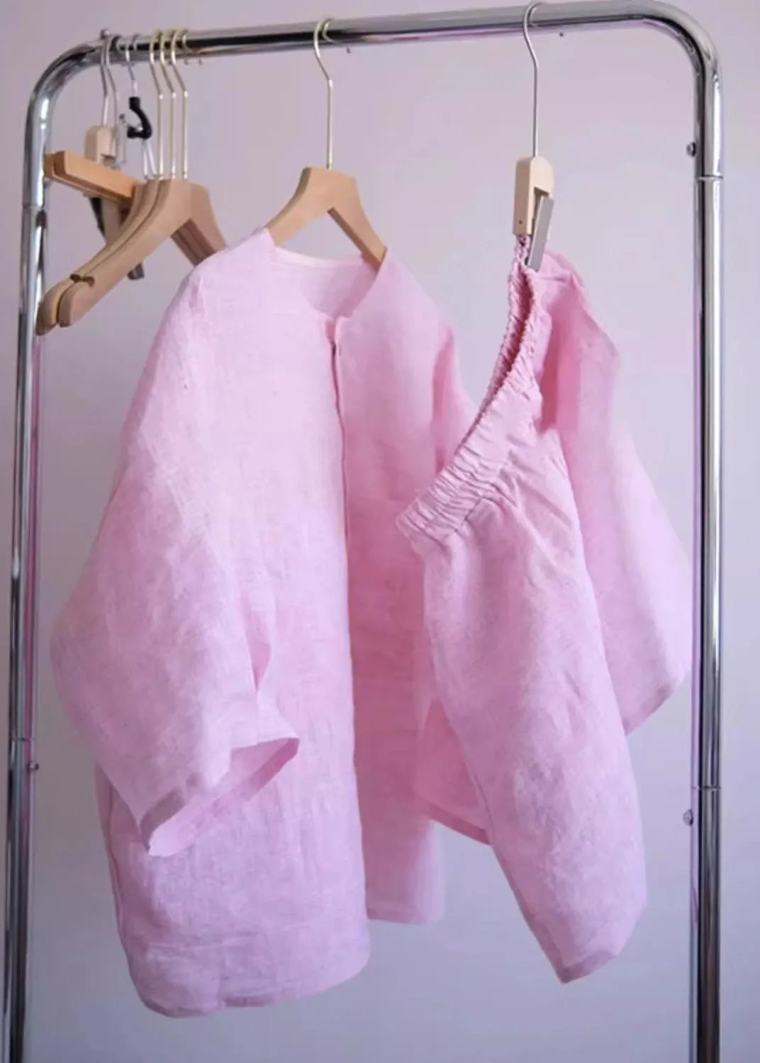 Pink O-neck Button Shirts and Shorts Two Pieces Set Summer
