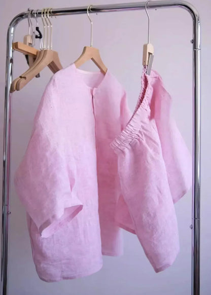 Pink O-neck Button Shirts and Shorts Two Pieces Set Summer