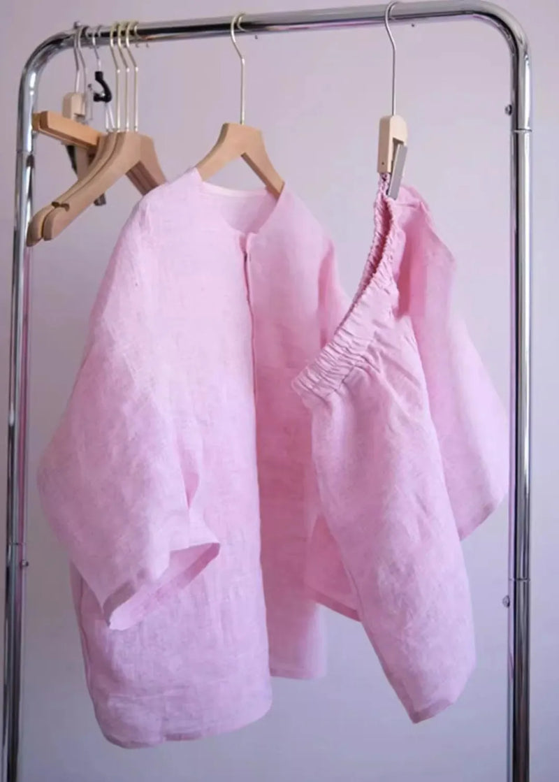 Pink O-neck Button Shirts and Shorts Two Pieces Set Summer