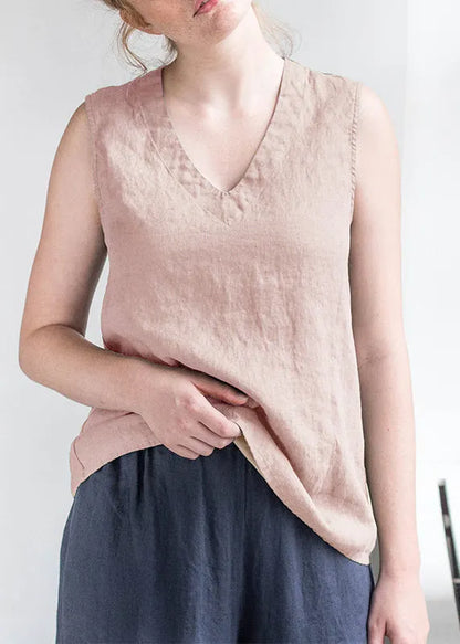 White V Neck Simple Linen Tank Top Sleeveless