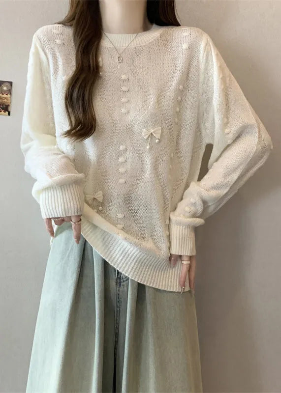 White Tasseled Butterfly Knit Tops Fall