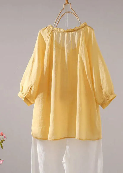 Yellow Ruffled Patchwork Linen T Shirt Tops Summer