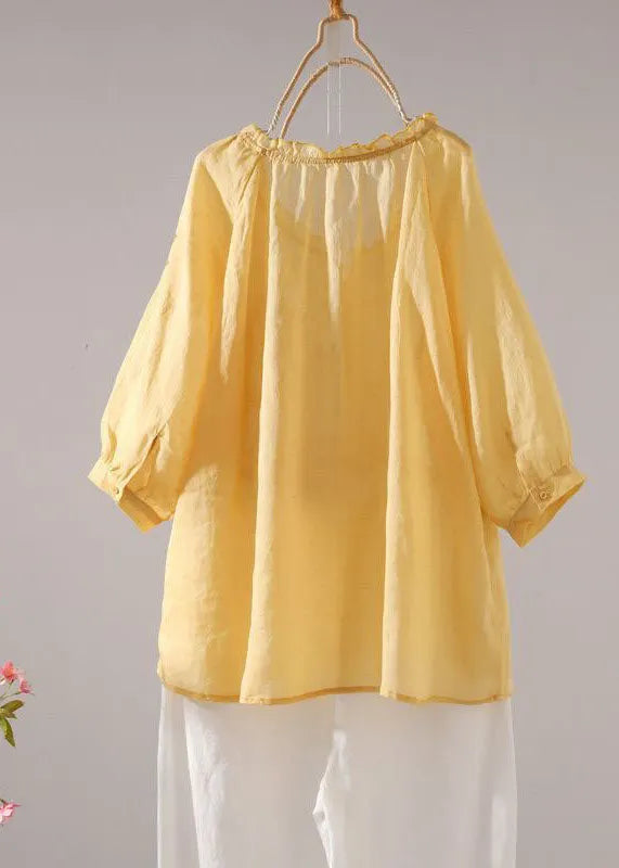 Yellow Ruffled Patchwork Linen T Shirt Tops Summer