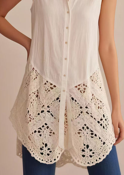 Classy White Hollow Out Patchwork Cotton Shirt Top Sleeveless