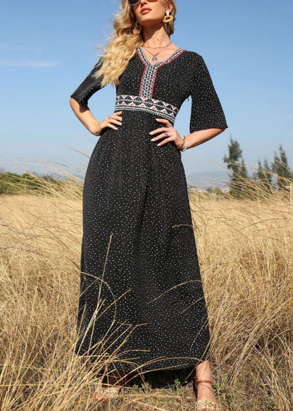 Black V Neck Print High Waist Cotton Long Dress Half Sleeve