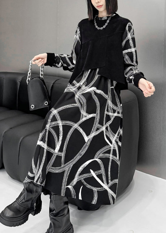 Black False Two Pieces Patchwork Cotton Dresses Fall