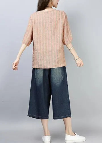 Style Linen Top Silhouette Omychic Linen Striped Short Sleeve Blouse