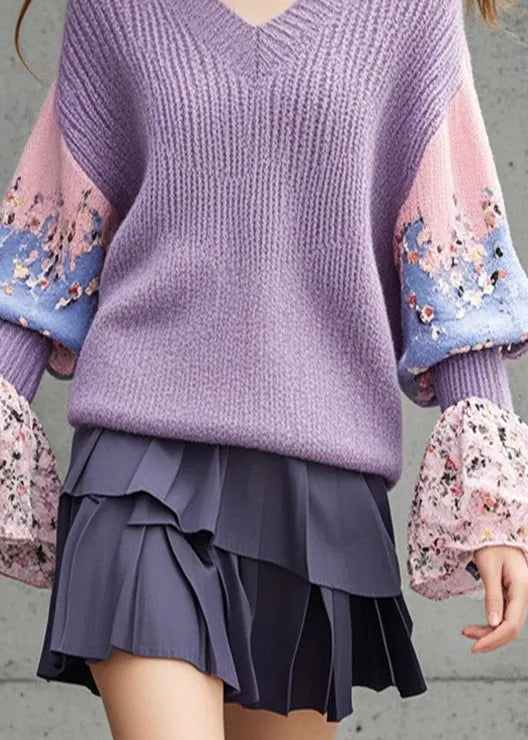 Lavender V Neck Patchwork Knit Shirts Flare Sleeve