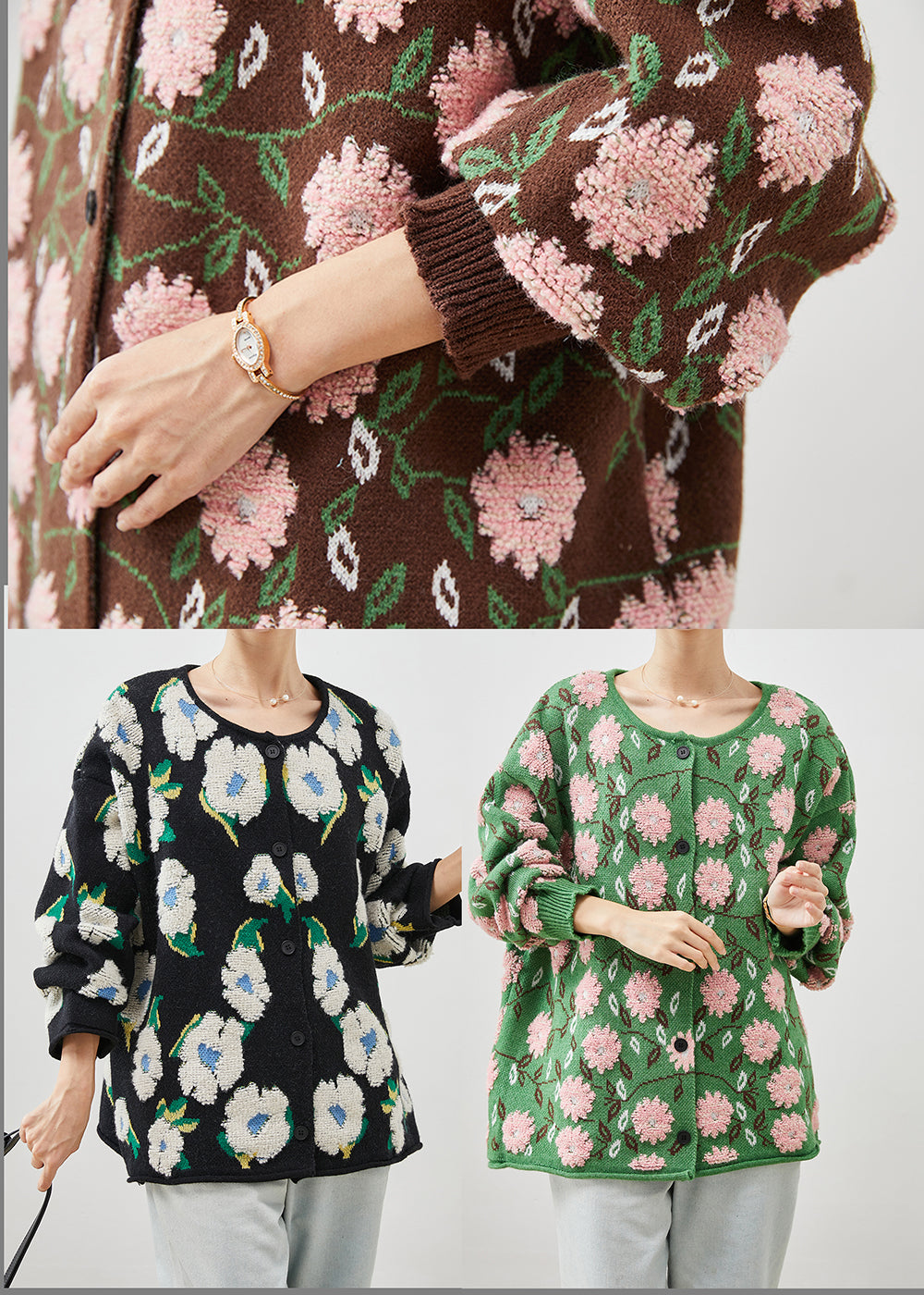 Green Jacquard Cozy Knit Cardigans Oversized Winter