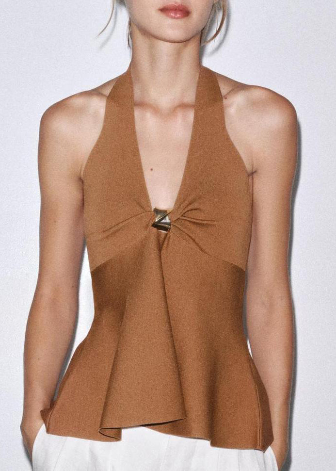 French Brown V Neck Backless Cotton Top Sleeveless