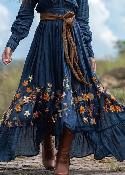 Pastoral Blue Print Wrinkled Patchwork Cotton Ankle Dress Spring