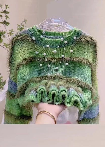 Striped Green Gradient Color O Neck Cozy Knit Sweater Winter