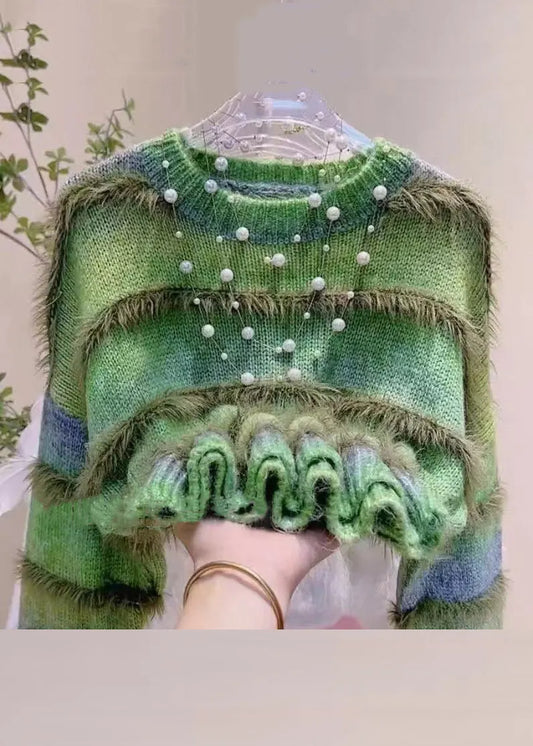 Striped Green Gradient Color O Neck Cozy Knit Sweater Winter