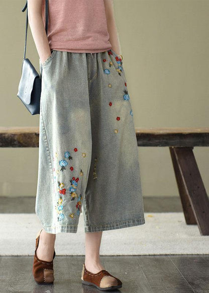 Comfy Dark Color Embroidered Hole Wide Leg Denim Pants