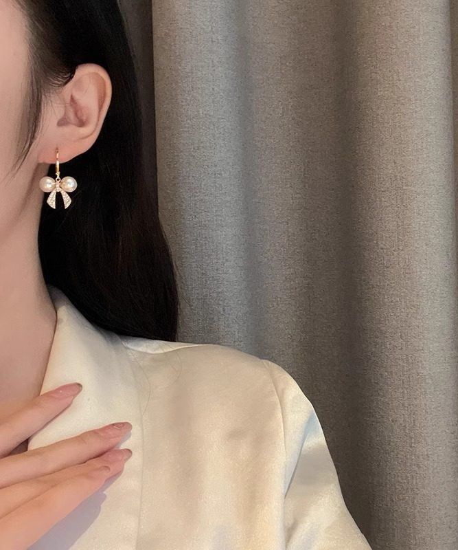 Gold Copper Alloy Zircon Patchwork Bow Pearl Hoop Earrings