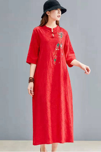 -summer Cotton Linen Embroidered Dress Button Loose Dress