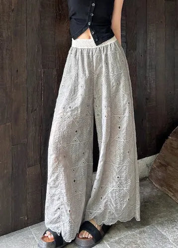 Grey Hollow Out Straight Pants Trousers Embroidered Summer