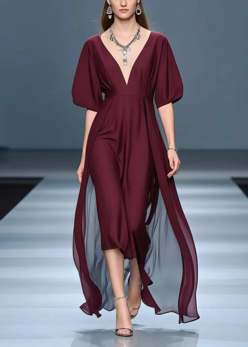 Mulberry Deep-v Neck Exra Large Hem Chiffon Vacation Dresses Summer