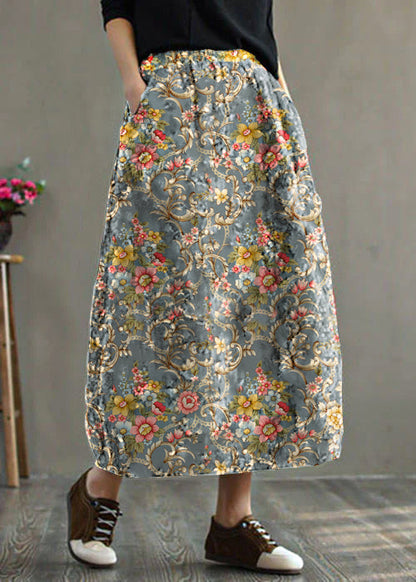 Black - Texture Elastic Waist Patchwork Print Fine Cotton Filled Skirt Winter