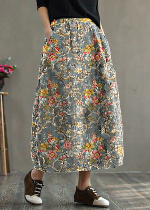 Black - Texture Elastic Waist Patchwork Print Fine Cotton Filled Skirt Winter