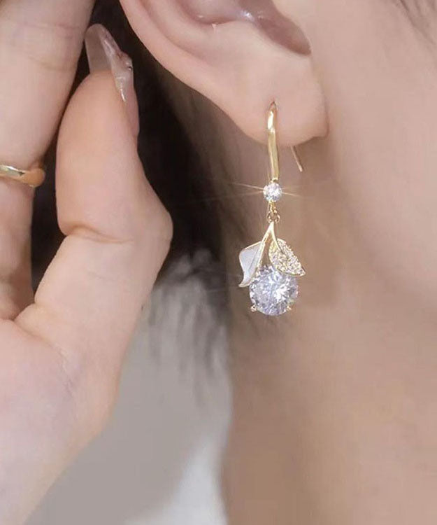 White Sterling Silver Overgild Zircon Leaves Drop Earrings