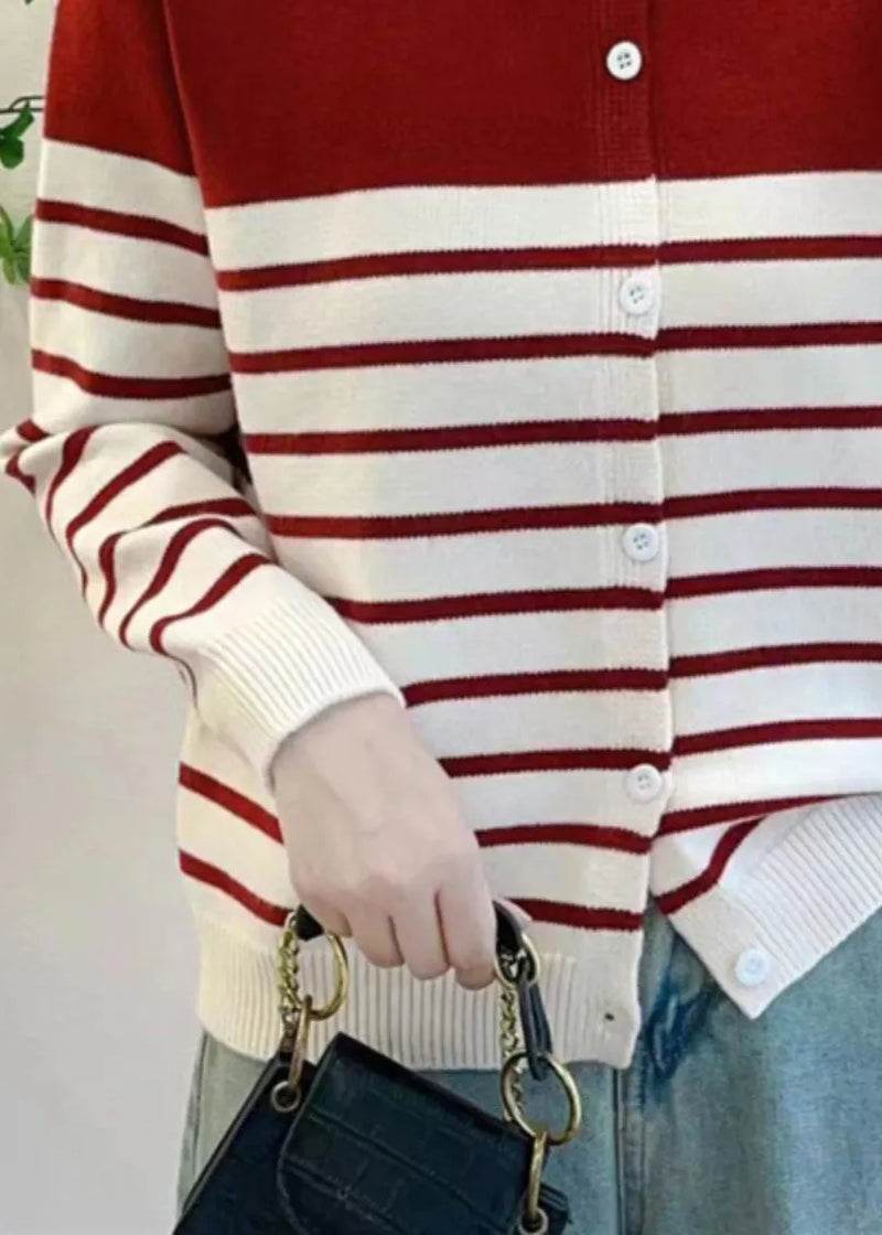Red Striped Button Knit Cardigan Fall