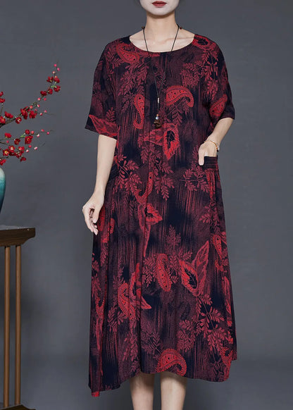 Classy Dull Red Print Pockets Cotton Long Dress Summer