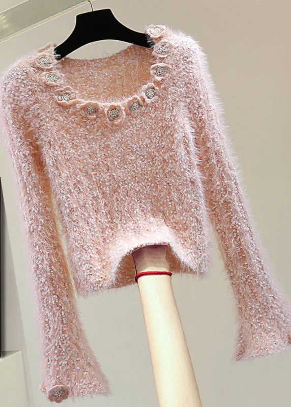 Pink O-neck Ma Hai Mao Cotton Knit Sweaters Winter