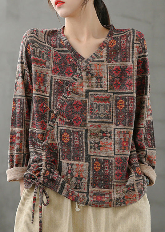 V Neck Print Drawstring Top Spring