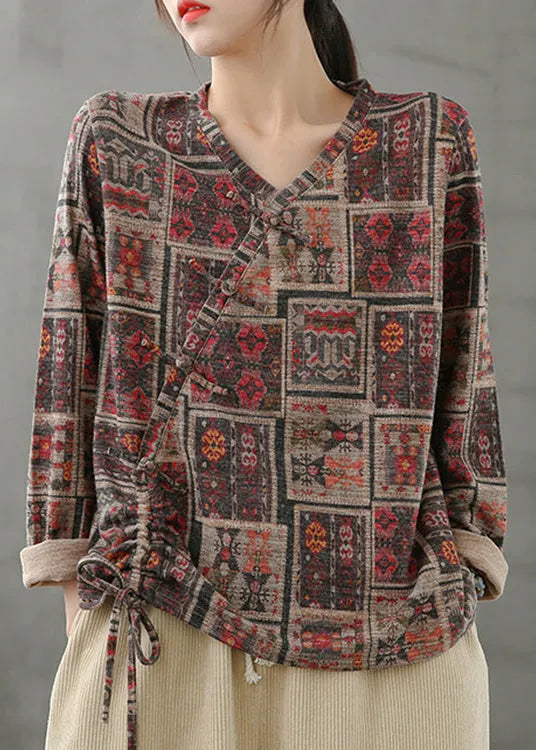 V Neck Print Drawstring Top Spring