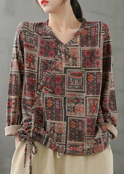 V Neck Print Drawstring Top Spring