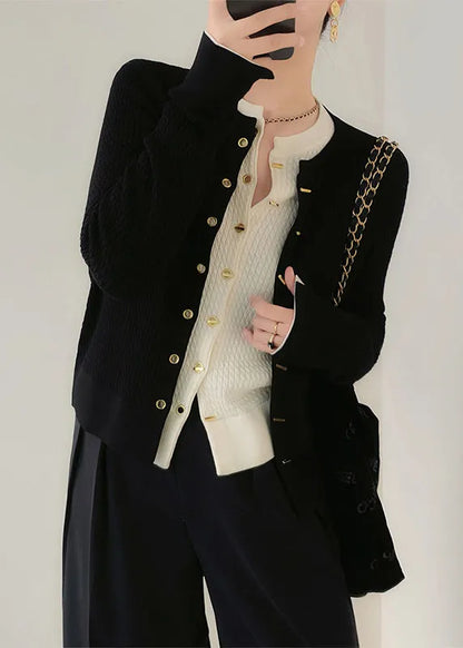 Black O Neck Button Patchwork Knit Cardigan Fall