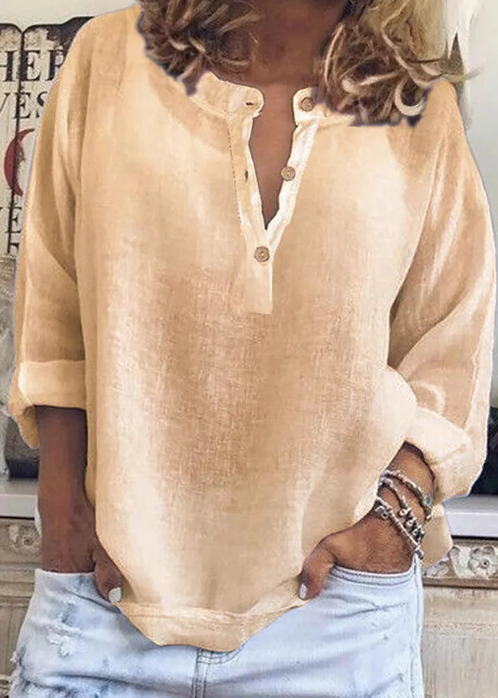 Simple Style White V Neck Cotton Shirt Long Sleeve