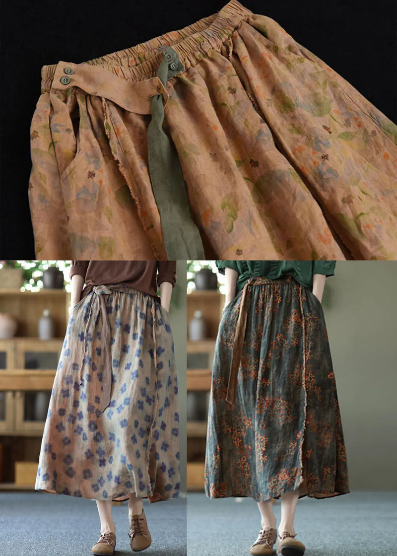 Khaki Patchwork Sashes Linen Skirt Summer