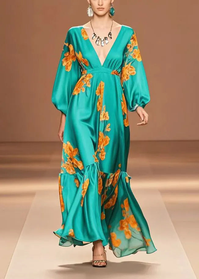 Peacock Green V Neck Print Silk Dresses Fall