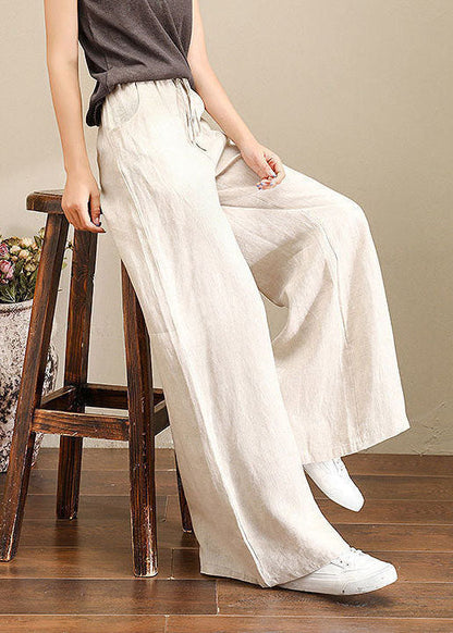 Orange-print1 Elastic Waist Linen Straight Pants Color Drawstring Summer