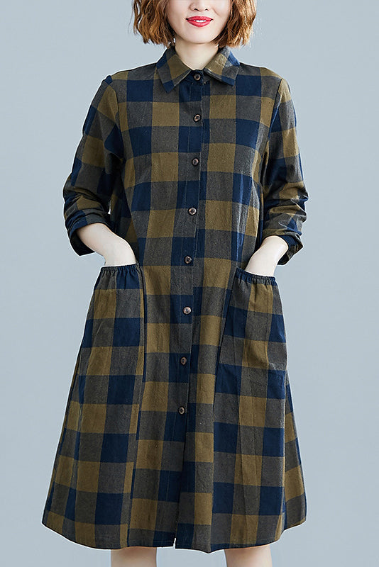 -retro Long-sleeved Shirt Cotton Linen Plaid Dress