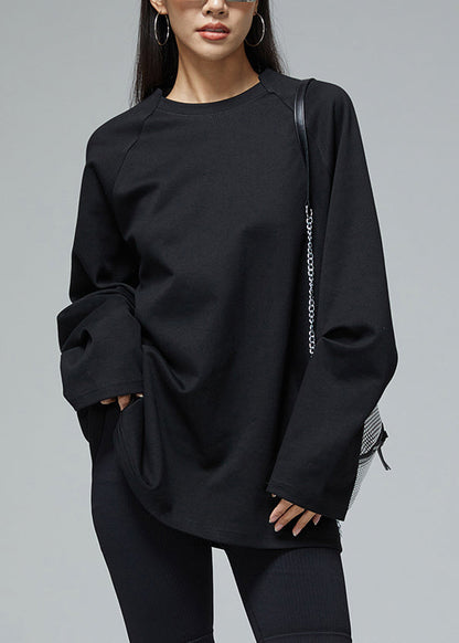 Black Loose Cotton Fall Sweatshirts O Neck