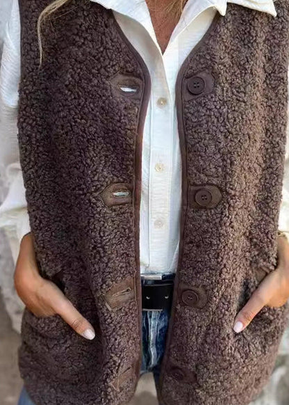 New Coffee Pockets Button Faux Fur Vest Fall