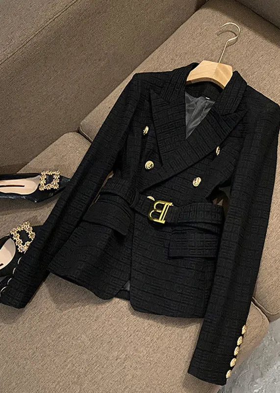 Stylish Black Peter Pan Collar Button Sashes Coat Fall