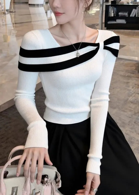 Slim Fit White Striped Patchwork Knit Sweaters Spring