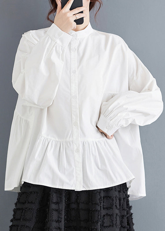 White Stand Collar Patchwork Cotton Shirts Spring