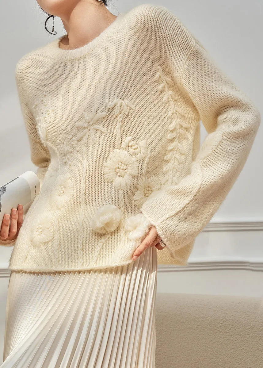 Handmade Beige O Neck Cozy Knit Sweater Tops Fall