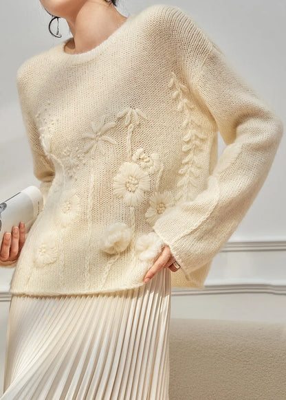 Handmade Beige O Neck Cozy Knit Sweater Tops Fall