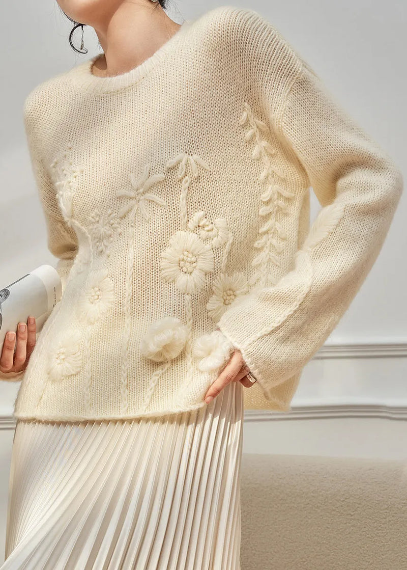 Handmade Beige O Neck Cozy Knit Sweater Tops Fall